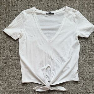 Zara White Tie-Front V-Neck Tee